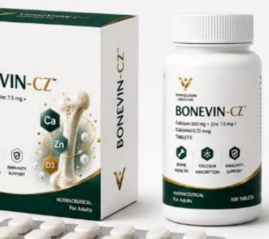 BONEVIN-CZ packaging: carton, bottle, and Alu-Alu blister strip.