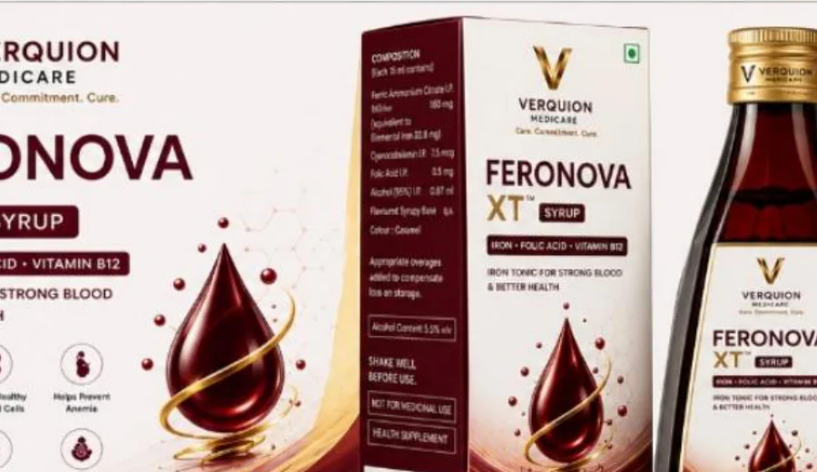 FERONOVA XT syrup carton and amber glass bottle with gold cap.