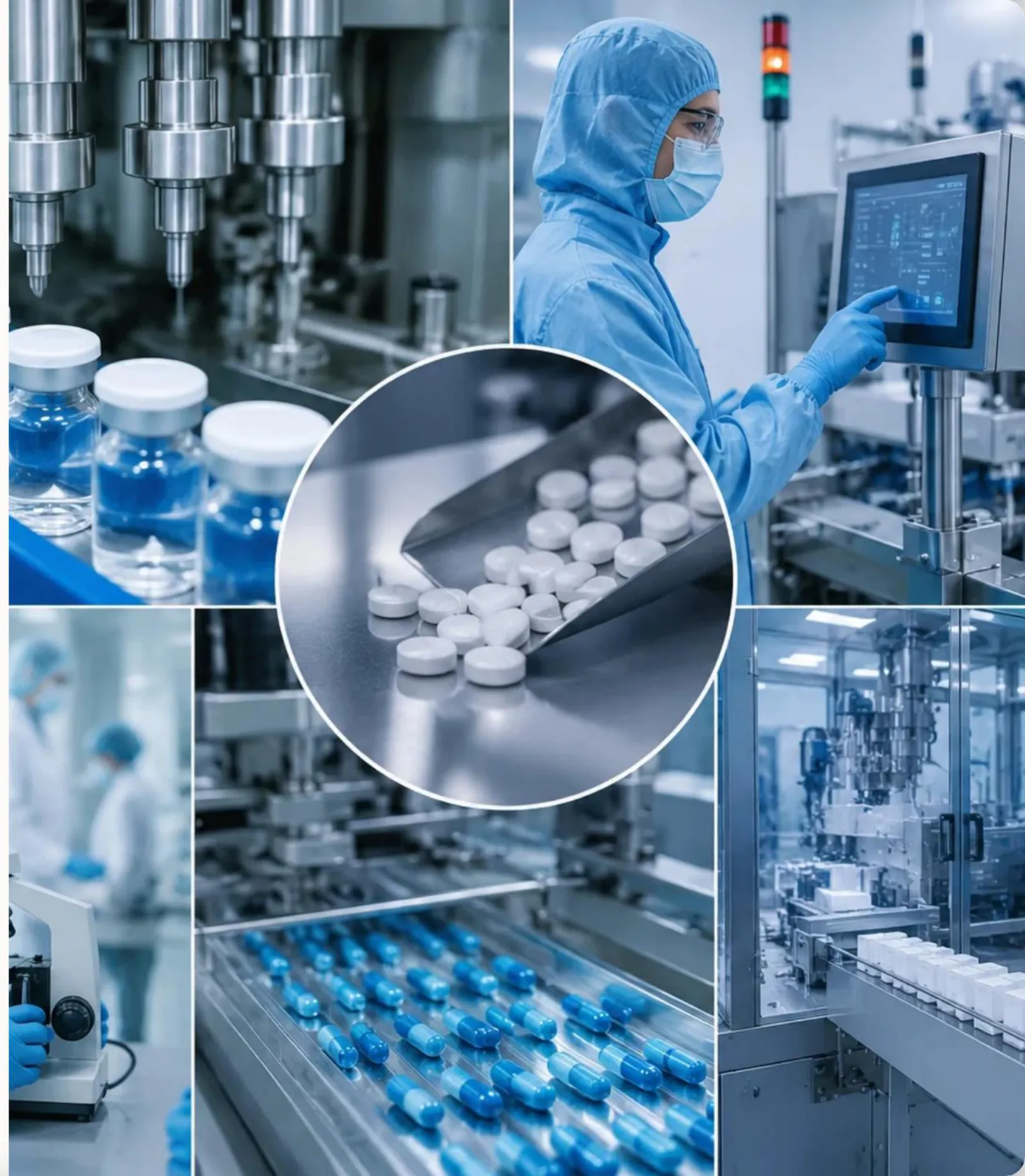 Pharmaceutical manufacturing: automated tableting, liquid filling, cleanroom operations, and packaging lines.