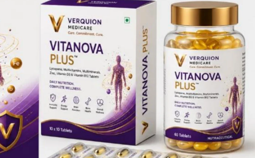 VITANOVA PLUS carton, gold-capped bottle of softgels, and blister strip.